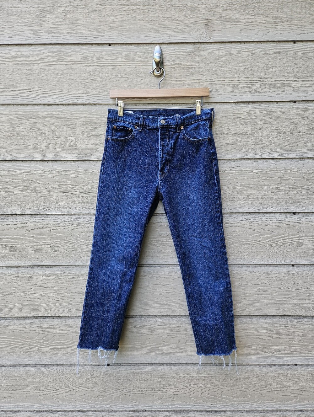 Gap Cheeky Straight High Rise dark indigo raw hem button fly crop jeans size 30